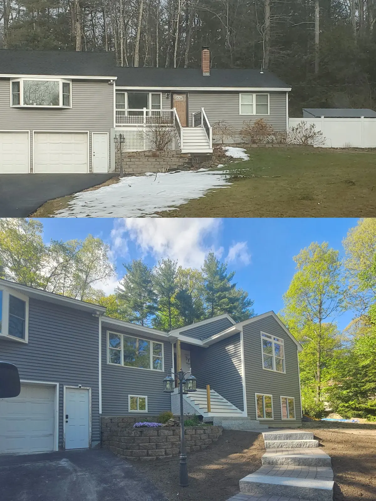 Before and after bump out addition with expanded dining room, master bedroom, and guest suite.
